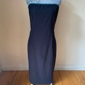 vintage 90s black midi dress with blue and green flower appliqué trim cocktail